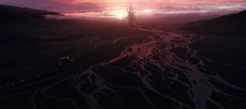 Movie still from “The Dark Crystal: Age of Resistance” (2019), created by Jim Henson – The sun is setting over the water and the sky is pink; Extreme Wide shot, High angle