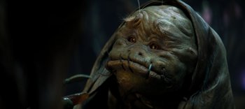 Movie still from “The Dark Crystal: Age of Resistance” (2019), created by Jim Henson – The face of an alien creature; Extreme Close Up shot, Low angle