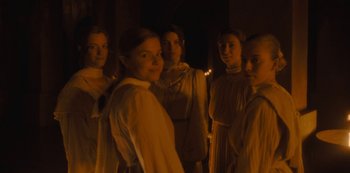 Movie still from “The Girl in the Mirror” (2022), created by Sergio G. Sánchez – A group of young women standing next to each other; Medium shot, Low angle