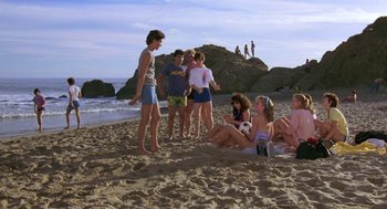 Movie still from “The Karate Kid” (1984), directed by John G. Avildsen – A group of people on the beach talking to each other; Wide shot, High angle
