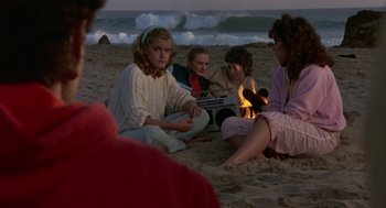 Movie still from “The Karate Kid” (1984), directed by John G. Avildsen – A group of people sitting on the beach near the water; Medium shot, Over the shoulder angle