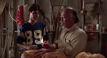 Movie still from “The Karate Kid” (1984), directed by John G. Avildsen – A man and a young boy are looking at pumpkins; Medium shot, Over the shoulder angle