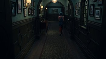 Movie still from “The Midnight Club” (2022), created by Mike Flanagan – A woman walking down a hall way in a building; Wide shot, High angle