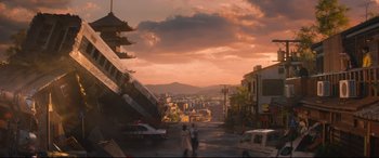 Movie still from “Bullet Train” (2022), directed by David Leitch – A view of a city from a distance; Extreme Wide shot, Low angle