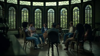 Movie still from “The Midnight Club” (2022), created by Mike Flanagan – A group of people sitting in a circle in front of a window; Wide shot, High angle