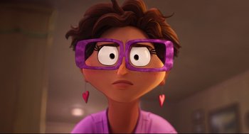 Movie still from “The Mitchells vs the Machines” (2021), directed by Jeff Rowe – A person wearing glasses and a purple shirt; Close Up shot, Over the shoulder angle