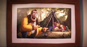 Movie still from “The Mitchells vs the Machines” (2021), directed by Jeff Rowe – A painting of a man pointing at a group of people; Wide shot, Over the shoulder angle