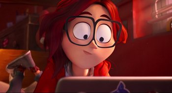 Movie still from “The Mitchells vs the Machines” (2021), directed by Jeff Rowe – A woman with glasses is looking at a laptop screen; Medium shot, Over the shoulder angle