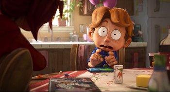 Movie still from “The Mitchells vs the Machines” (2021), directed by Jeff Rowe – A cartoon boy sitting at a table with a can of soda in front of him; Medium shot, Over the shoulder angle