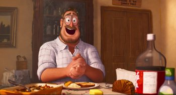 Movie still from “The Mitchells vs the Machines” (2021), directed by Jeff Rowe – An animated man sitting at a dinner table with food; Medium shot, Over the shoulder angle