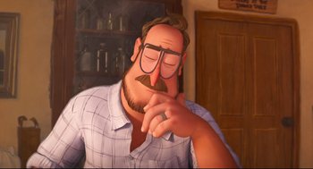 Movie still from “The Mitchells vs the Machines” (2021), directed by Jeff Rowe – An animated man with glasses and a beard; Close Up shot, Over the shoulder angle