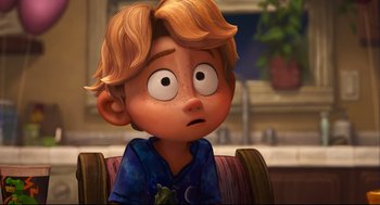 Movie still from “The Mitchells vs the Machines” (2021), directed by Jeff Rowe – An animated boy is looking at the camera; Close Up shot, Over the shoulder angle