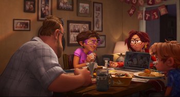 Movie still from “The Mitchells vs the Machines” (2021), directed by Jeff Rowe – A family sitting at a dinner table with a computer; Wide shot, Over the shoulder angle