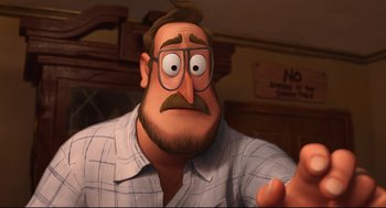 Movie still from “The Mitchells vs the Machines” (2021), directed by Jeff Rowe – An animated man with a beard and glasses; Close Up shot, Over the shoulder angle