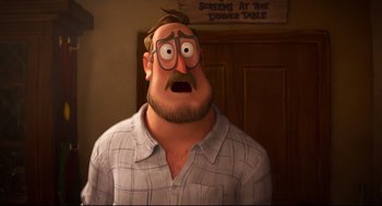 Movie still from “The Mitchells vs the Machines” (2021), directed by Jeff Rowe – An animated man with a surprised look on his face; Close Up shot, Over the shoulder angle
