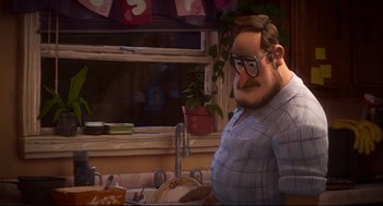 Movie still from “The Mitchells vs the Machines” (2021), directed by Jeff Rowe – An animated man with glasses is in a kitchen; Medium shot, Over the shoulder angle