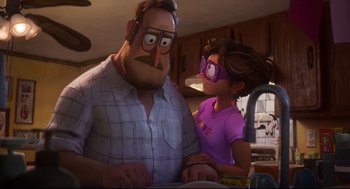 Movie still from “The Mitchells vs the Machines” (2021), directed by Jeff Rowe – An older man and a younger woman in a kitchen; Medium shot, Over the shoulder angle