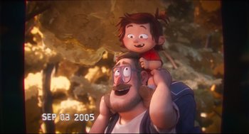 Movie still from “The Mitchells vs the Machines” (2021), directed by Jeff Rowe – An animated man holding a small child on his shoulders; Wide shot, High angle