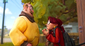 Movie still from “The Mitchells vs the Machines” (2021), directed by Jeff Rowe – A couple of people standing next to each other on a field; Wide shot, Over the shoulder angle