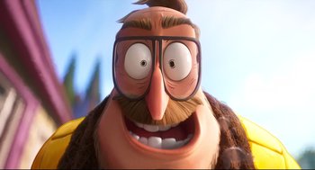 Movie still from “The Mitchells vs the Machines” (2021), directed by Jeff Rowe – An animated character with a beard wearing glasses; Close Up shot, Low angle