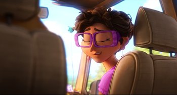 Movie still from “The Mitchells vs the Machines” (2021), directed by Jeff Rowe – A woman wearing glasses sitting in a car; Close Up shot, Over the shoulder angle
