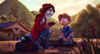 Movie still from “The Mitchells vs the Machines” (2021), directed by Jeff Rowe – A woman sitting next to a boy on top of a log; Wide shot, Over the shoulder angle