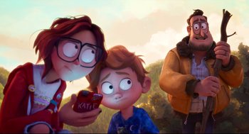 Movie still from “The Mitchells vs the Machines” (2021), directed by Jeff Rowe – A group of people standing next to each other on top of a hill; Medium shot, Over the shoulder angle