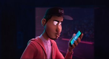 Movie still from “The Mitchells vs the Machines” (2021), directed by Jeff Rowe – A man in a hat is holding a cell phone in his hand; Close Up shot, Over the shoulder angle