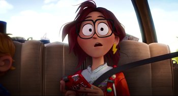 Movie still from “The Mitchells vs the Machines” (2021), directed by Jeff Rowe – A woman sitting in the back of a car holding a box; Close Up shot, Over the shoulder angle