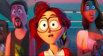 Movie still from “The Mitchells vs the Machines” (2021), directed by Jeff Rowe – An animated woman with red hair wearing glasses; Close Up shot, Over the shoulder angle