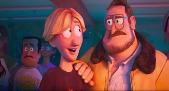 Movie still from “The Mitchells vs the Machines” (2021), directed by Jeff Rowe – A man and a woman standing next to each other in a room; Close Up shot, Over the shoulder angle