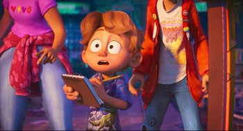 Movie still from “The Mitchells vs the Machines” (2021), directed by Jeff Rowe – A boy is holding a notepad and looking surprised; Medium shot, Over the shoulder angle