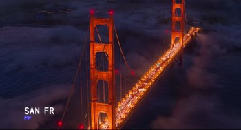 Movie still from “The Mitchells vs the Machines” (2021), directed by Jeff Rowe – A view of the golden gate bridge at night from above; Extreme Wide shot, High angle