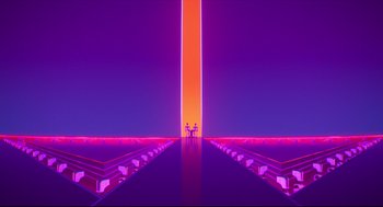 Movie still from “The Mitchells vs the Machines” (2021), directed by Jeff Rowe – Two people sitting in front of a neon light; Extreme Wide shot, Low angle