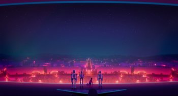 Movie still from “The Mitchells vs the Machines” (2021), directed by Jeff Rowe – A group of people standing in front of a large screen; Extreme Wide shot, Low angle