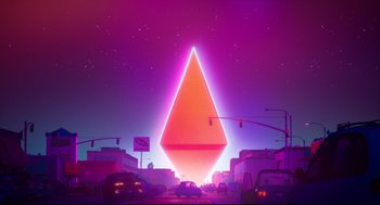 Movie still from “The Mitchells vs the Machines” (2021), directed by Jeff Rowe – An illustration of a neon triangle in the middle of a street; Extreme Wide shot, Low angle