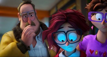 Movie still from “The Mitchells vs the Machines” (2021), directed by Jeff Rowe – An image of an animated character and a person; Medium shot, Over the shoulder angle