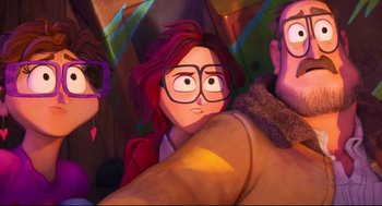 Movie still from “The Mitchells vs the Machines” (2021), directed by Jeff Rowe – A group of people that are looking at something; Medium shot, Overhead angle