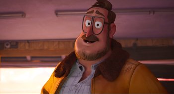 Movie still from “The Mitchells vs the Machines” (2021), directed by Jeff Rowe – An animated man wearing a brown jacket and glasses; Close Up shot, Over the shoulder angle