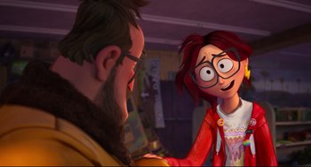 Movie still from “The Mitchells vs the Machines” (2021), directed by Jeff Rowe – A man and a woman are talking to each other; Close Up shot, Over the shoulder angle