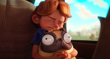 Movie still from “The Mitchells vs the Machines” (2021), directed by Jeff Rowe – A boy is sleeping with his head on a dog pillow; Close Up shot, Over the shoulder angle