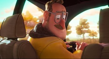 Movie still from “The Mitchells vs the Machines” (2021), directed by Jeff Rowe – An animated character is driving in a car; Close Up shot, Over the shoulder angle