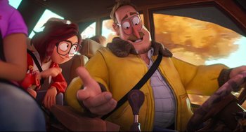 Movie still from “The Mitchells vs the Machines” (2021), directed by Jeff Rowe – A man in a yellow jacket in the backseat of a car; Medium shot, Over the shoulder angle
