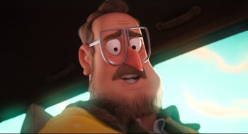 Movie still from “The Mitchells vs the Machines” (2021), directed by Jeff Rowe – An animated man with a beard wearing glasses; Close Up shot, Low angle