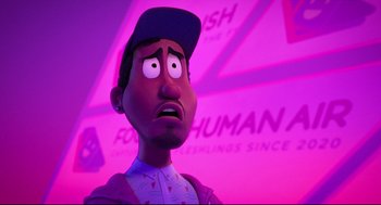 Movie still from “The Mitchells vs the Machines” (2021), directed by Jeff Rowe – An animated man with a hat on looking at the camera; Close Up shot, Over the shoulder angle