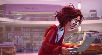 Movie still from “The Mitchells vs the Machines” (2021), directed by Jeff Rowe – A woman in a red jacket is looking at her cell phone; Medium shot, Over the shoulder angle