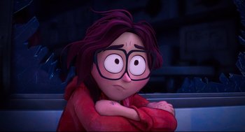 Movie still from “The Mitchells vs the Machines” (2021), directed by Jeff Rowe – An animated woman with glasses is sitting down; Close Up shot, Over the shoulder angle