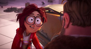 Movie still from “The Mitchells vs the Machines” (2021), directed by Jeff Rowe – A woman with glasses is talking to a man; Close Up shot, Over the shoulder angle