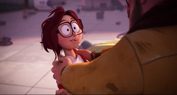 Movie still from “The Mitchells vs the Machines” (2021), directed by Jeff Rowe – An animated woman holding a man's hand; Close Up shot, Over the shoulder angle