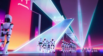 Movie still from “The Mitchells vs the Machines” (2021), directed by Jeff Rowe – A group of people standing next to each other in a room; Extreme Wide shot, Low angle